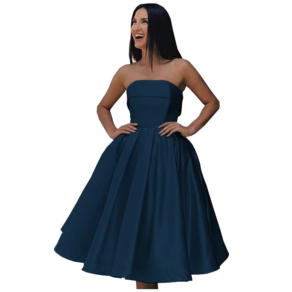 Tea Length Satin Cocktail Party Dresses for Women, Strapless Formal Evening Prom Gown Homecoming Graduation Dresses