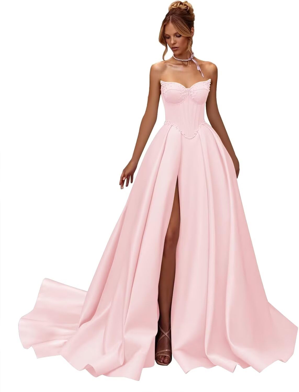 Kingbridal Gowns Strapless Prom Dresses for Women 2026 Long Satin A-line Formal Dress with Slit Beaded Corset Evening Party Gowns