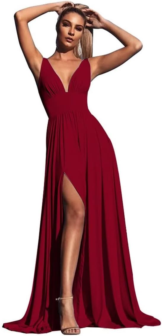 V-Ausschnitt Satin Brautjungfernkleider für Hochzeiten Geteilte Ballkleider Lange A-Linie Abendkleider für Damen 