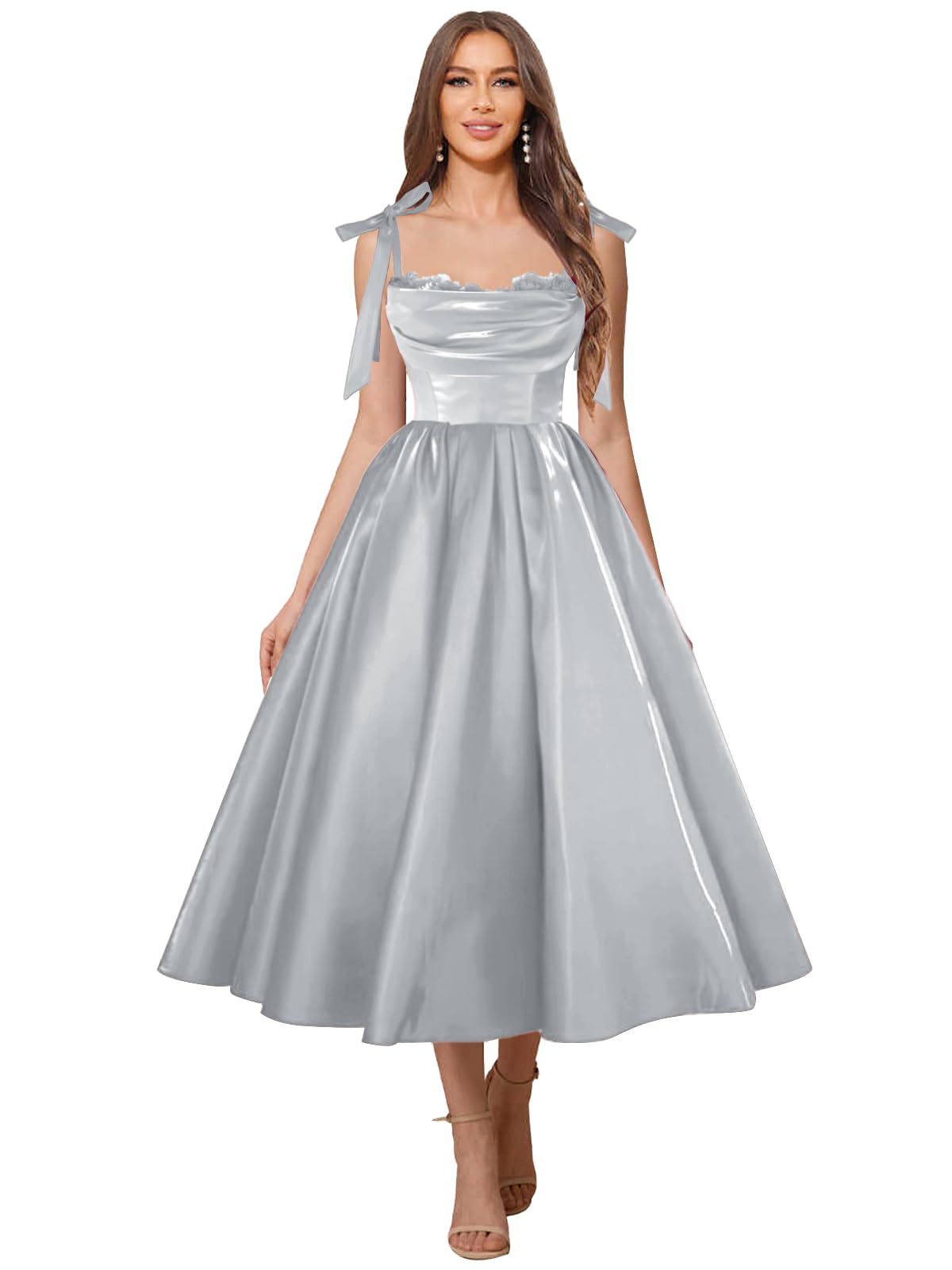 Satin Prom Dresses for Women Spaghetti Straps Corset A-Line Ball Formal Gowns Tea Length with Pockets