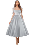 Satin Prom Dresses for Women Spaghetti Straps Corset A-Line Ball Formal Gowns Tea Length with Pockets