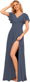 V Neck Bridesmaid Dresses for Women with Slit 2025 Flutter Sleeve Chiffon Pleats Formal Dress with Pockets