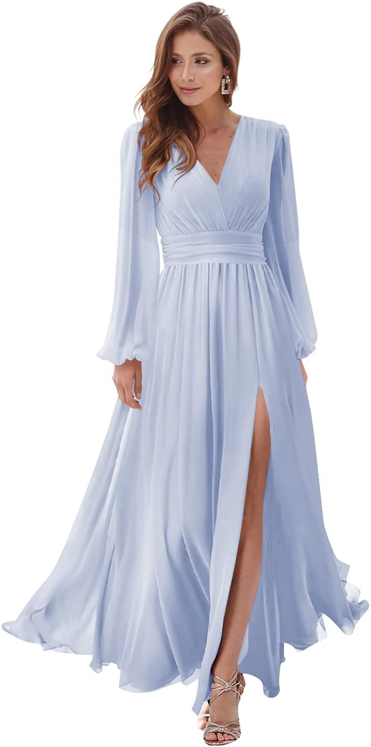 Women's Long Sleeve Bridesmaid Dresses with Slit V Neck A Line Chiffon Formal Evening Gowns with Pockets Mother of the Bride Gowns