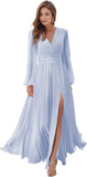 Women's Long Sleeve Bridesmaid Dresses with Slit V Neck A Line Chiffon Formal Evening Gowns with Pockets Mother of the Bride Gowns