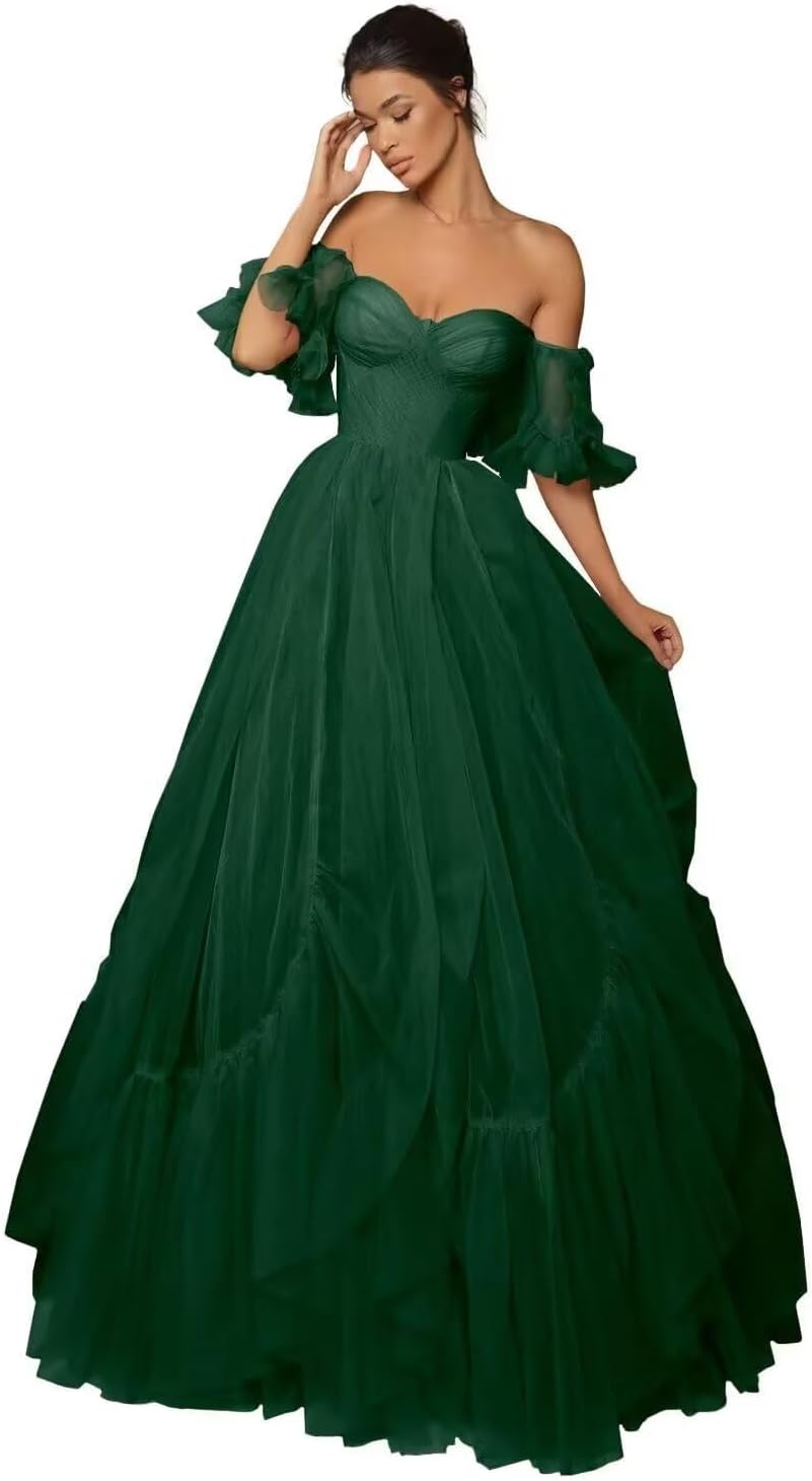 A-line Ruffled Short Sleeve Tulle Prom Dress for Women, Sweetheart Formal Gown Off The Shoulder Long Party Dress