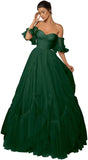 A-line Ruffled Short Sleeve Tulle Prom Dress for Women, Sweetheart Formal Gown Off The Shoulder Long Party Dress
