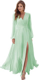 Women's Long Sleeve Bridesmaid Dresses with Slit V Neck A Line Chiffon Formal Evening Gowns with Pockets Mother of the Bride Gowns