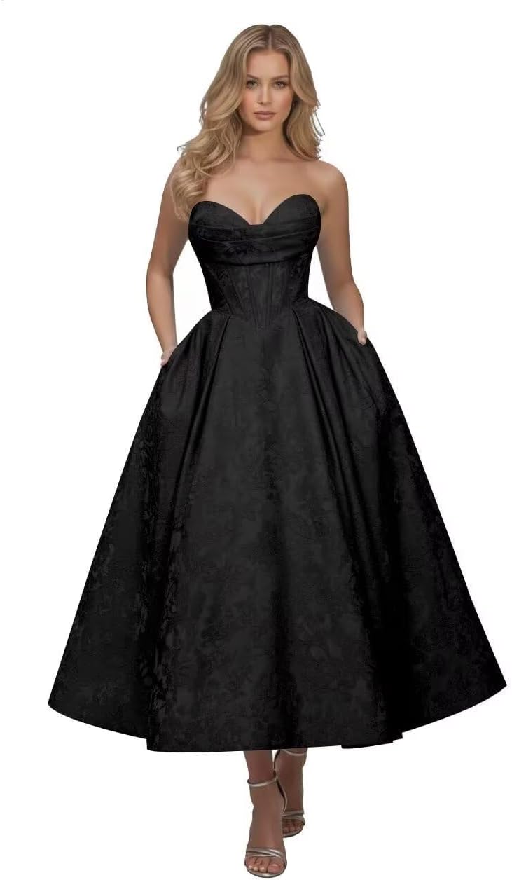 Strapless Floral Satin Prom Dresses for Women 2026 Jacquard Aline Formal Evening Party Dress with Pockets