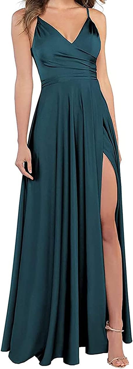 Lange Brautjungfernkleider für Frauen, formelle Satin-Spaghettiträger, Abschlussball- und Abendkleider 