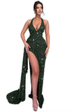Sparkly Sequin Halter Prom Dresses for Women Mermaid Formal Dress with Slit Backless Ruched Evening Party Gowns