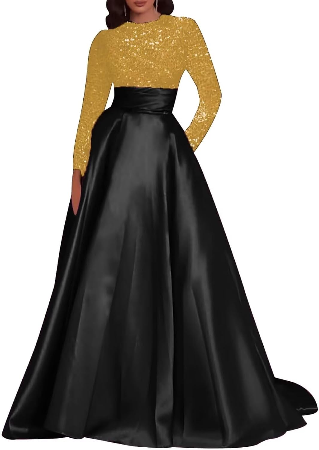 Kingbridal Gowns Long Sleeve Sequin Prom Dresses for Women Satin A-line Formal Dress 2026 Sparkly Evening Party Gowns with Pockets