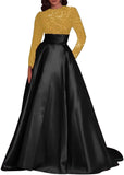 Kingbridal Gowns Long Sleeve Sequin Prom Dresses for Women Satin A-line Formal Dress 2026 Sparkly Evening Party Gowns with Pockets