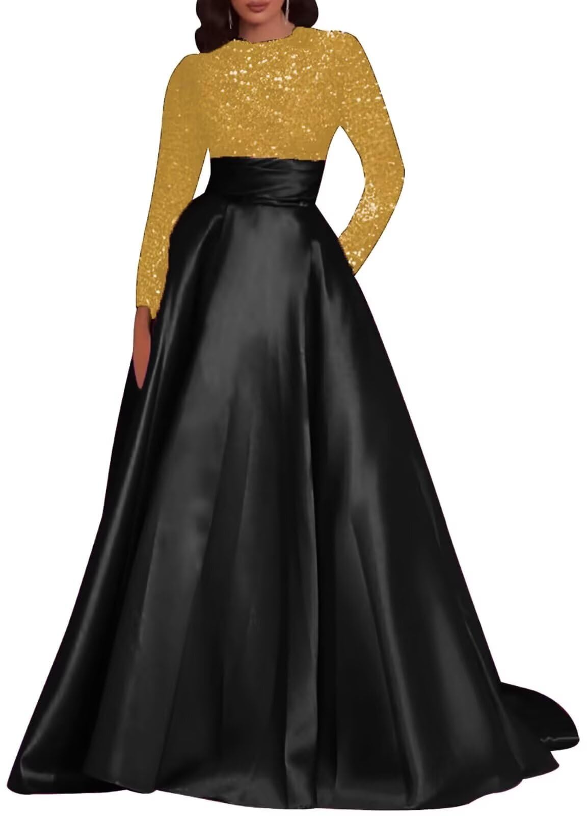Kingbridal Gowns Long Sleeve Sequin Prom Dresses for Women Satin A-line Formal Dress 2026 Sparkly Evening Party Gowns with Pockets