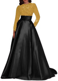 Kingbridal Gowns Long Sleeve Sequin Prom Dresses for Women Satin A-line Formal Dress 2026 Sparkly Evening Party Gowns with Pockets