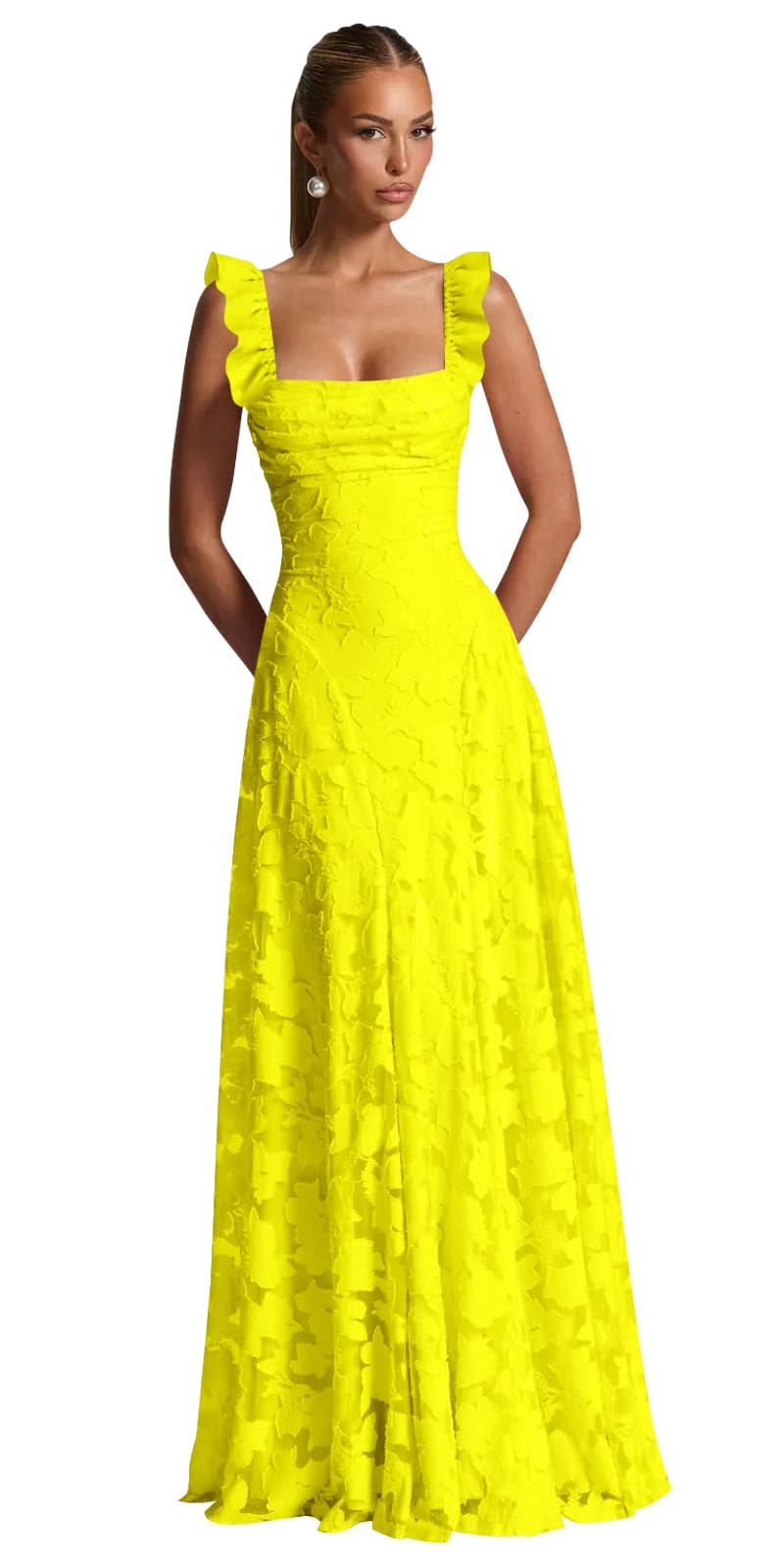 Ruched Jacquard Prom Dresses for Women Teens Ruffle Strap Floral Maxi Formal Dress Evening Gown