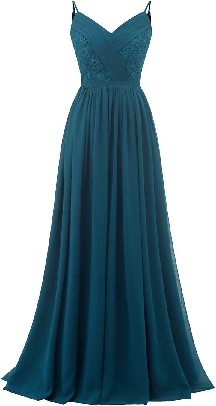 Women's Lace Chiffon Bridesmaid Dresses for Wedding Long Spaghetti Straps Bodice Formal Party Gown with Pockets