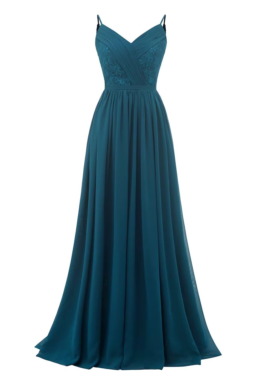 Women's Lace Chiffon Bridesmaid Dresses for Wedding Long Spaghetti Straps Bodice Formal Party Gown with Pockets