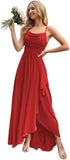 Spaghetti Strap Chiffon Bridesmaid Dresses for Women Long Ruched A-Line Cowl Neck Formal Evening Gowns with Slit