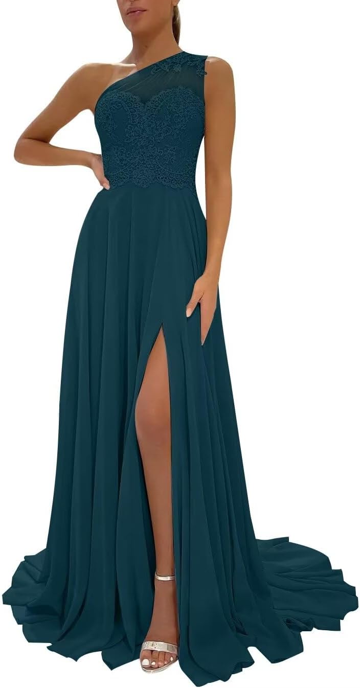 One Shoulder Chiffon Bridesmaid Dresses for Wedding 2026 Lace A-Line Slit Formal Evening Party Gown with Pockets
