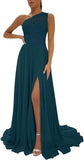 One Shoulder Chiffon Bridesmaid Dresses for Wedding 2026 Lace A-Line Slit Formal Evening Party Gown with Pockets