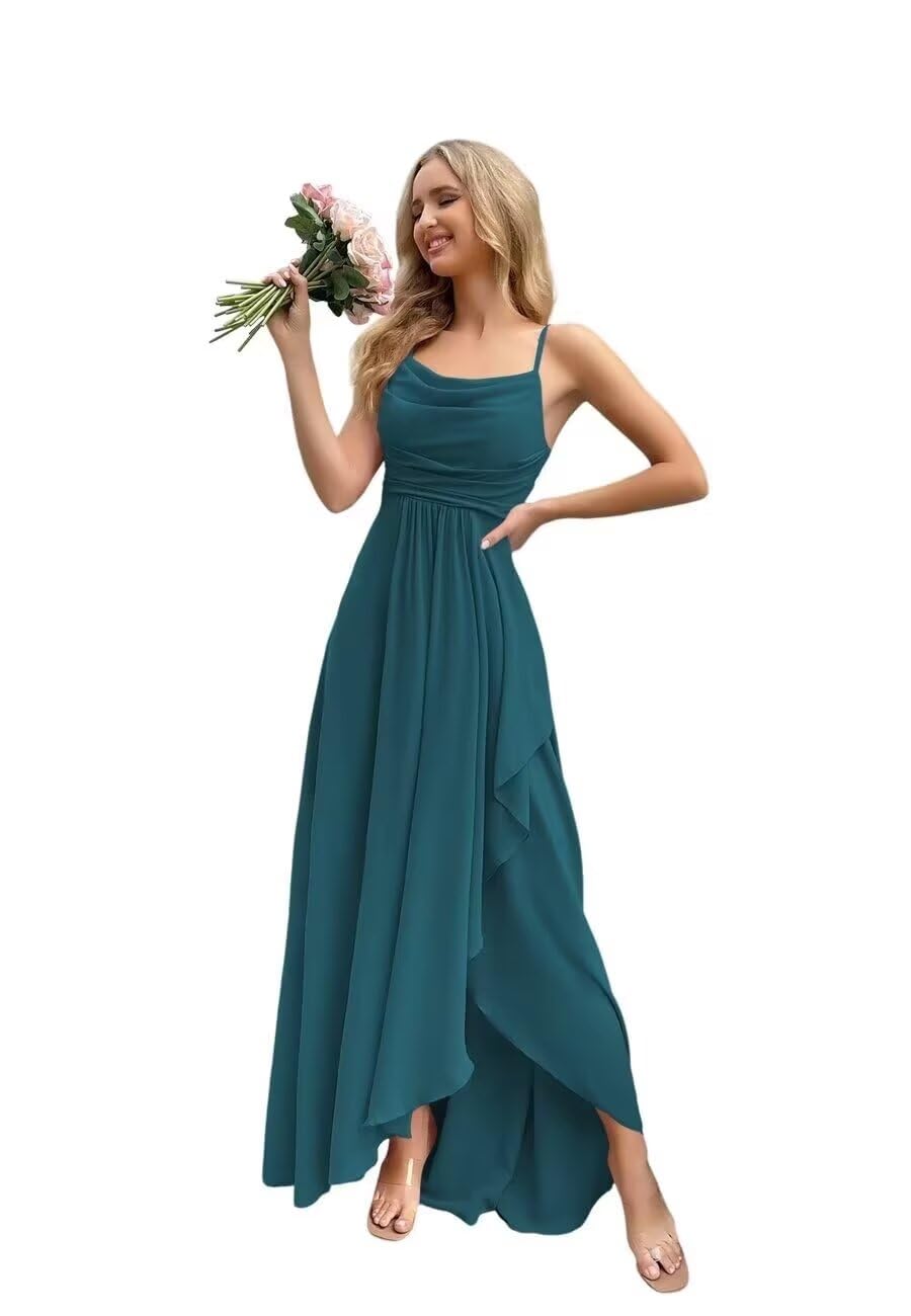Spaghetti Strap Chiffon Bridesmaid Dresses for Women Long Ruched A-Line Cowl Neck Formal Evening Gowns with Slit