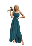 Spaghetti Strap Chiffon Bridesmaid Dresses for Women Long Ruched A-Line Cowl Neck Formal Evening Gowns with Slit