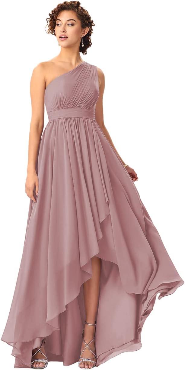 Women's One Shoulder Bridesmaid Dresses High Low Chiffon Formal Party Gowns with Pockets