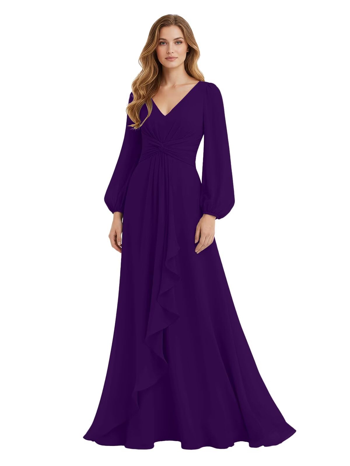 Women's Chiffon Bridesmaid Dresses Long Sleeve Ruffles V-Neck Pleated Formal Wedding Guest Dresses Mother of the bride Dress