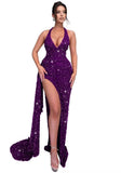 Sparkly Sequin Halter Prom Dresses for Women Mermaid Formal Dress with Slit Backless Ruched Evening Party Gowns