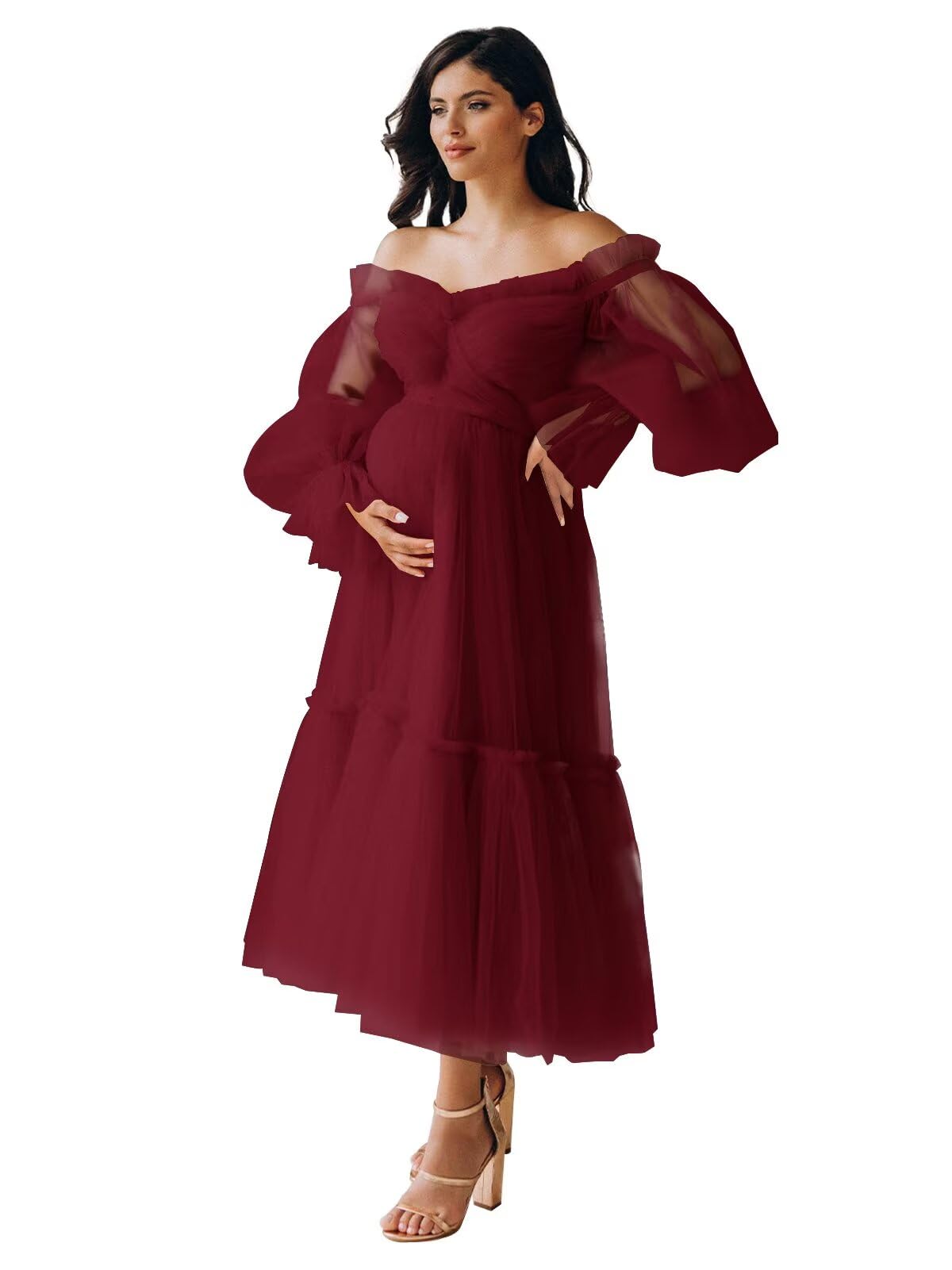 Eightale Tulle Tea Length Maternity Dresses for Photo Shoot Long Sleeve Pregnancy Gown for Baby Shower