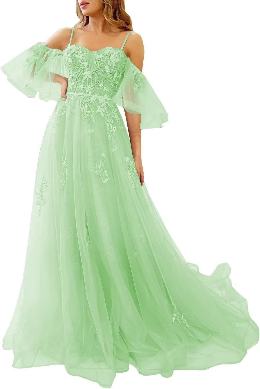 Vestidos de fiesta de tul con hombros descubiertos para adolescentes, vestidos formales con apliques de encaje, vestido de fiesta de noche formal de línea A