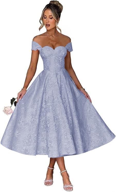 Off Shoulder Tea Length Prom Dress for Women Satin Floral Jacquard A Line Corset Cocktail Dress