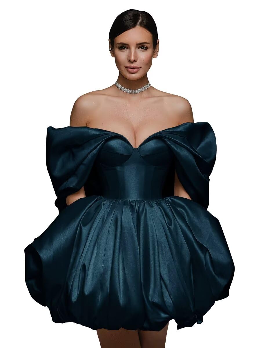 Off The Shoulder Short Wedding Dresses for Bride Puffy Satin Bridal Dresses w/Pockets Strapless Formal Ball Gowns