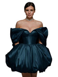 Off The Shoulder Short Wedding Dresses for Bride Puffy Satin Bridal Dresses w/Pockets Strapless Formal Ball Gowns