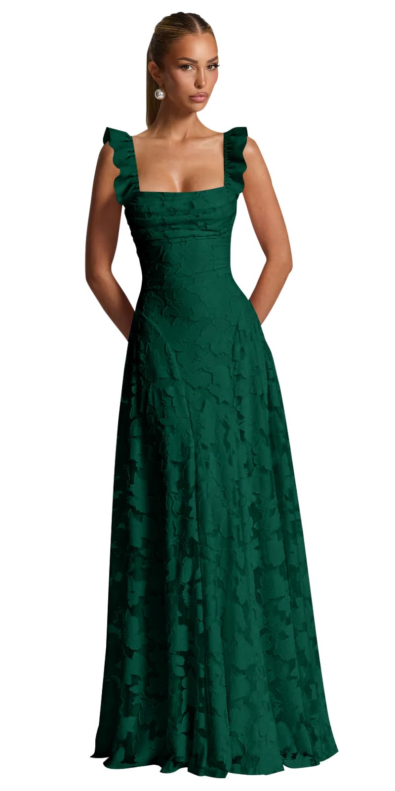 Ruched Jacquard Prom Dresses for Women Teens Ruffle Strap Floral Maxi Formal Dress Evening Gown