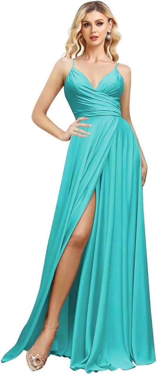 V Neck Satin Bridesmaid Dresses Spaghetti Straps Prom Dress Slit Wedding Formal Evening Party Dress
