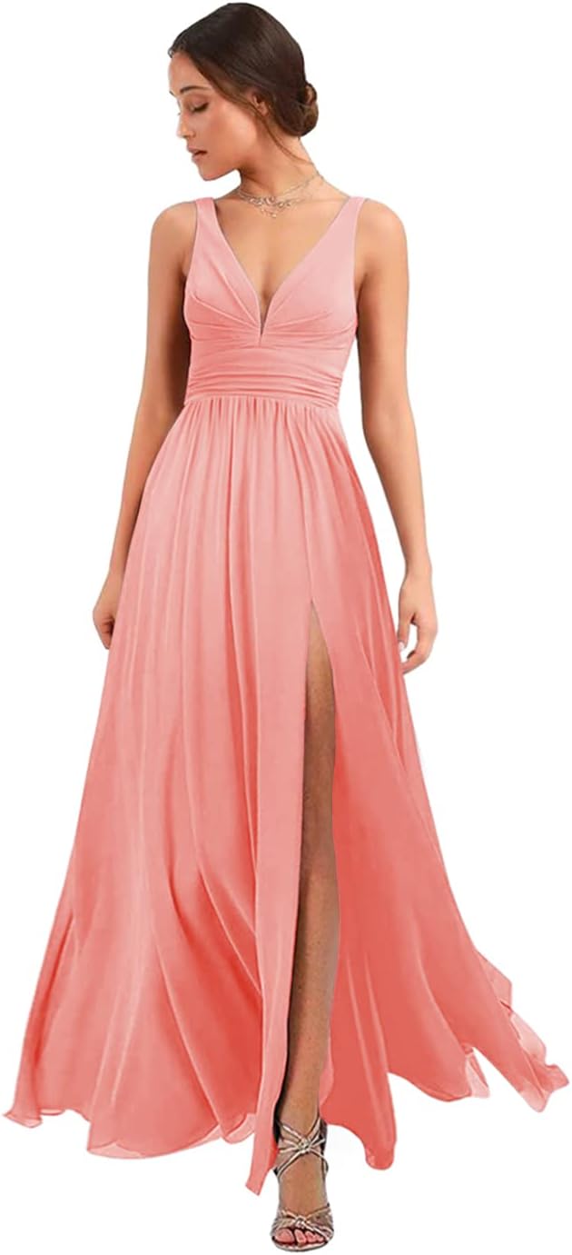 Women's Deep V Neck Bridesmaid Dresses with Slit Chiffon Pleats A Line Formal Party Dresses with Pockets