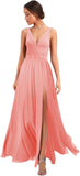 Women's Deep V Neck Bridesmaid Dresses with Slit Chiffon Pleats A Line Formal Party Dresses with Pockets