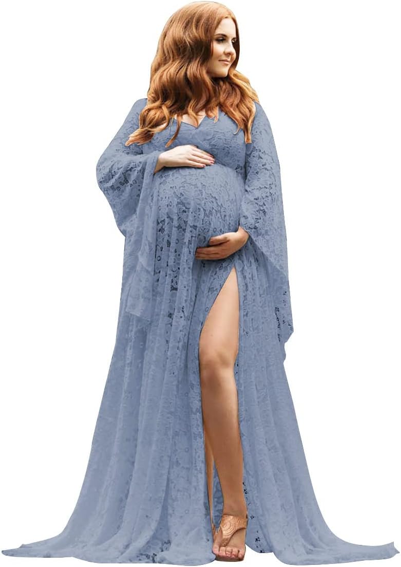 Women's Lace Maternity Dress for Photoshoot Long Puffy Sleeves V Neck Boho Pregnancy Gown for Baby Shower with Slit