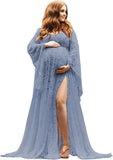 Women's Lace Maternity Dress for Photoshoot Long Puffy Sleeves V Neck Boho Pregnancy Gown for Baby Shower with Slit