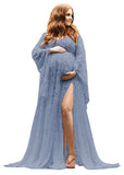 Women's Lace Maternity Dress for Photoshoot Long Puffy Sleeves V Neck Boho Pregnancy Gown for Baby Shower with Slit
