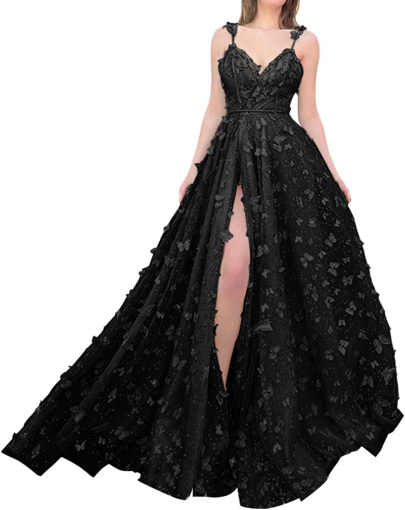 Sparkly Prom Dresses for Teens 2027 3D Butterfly Tulle Spaghetti Straps Long Slit Backless Party Gowns