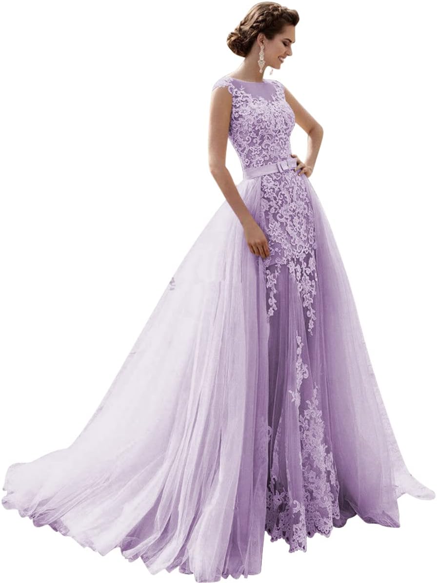 Mermaid Lace Cap Wedding Dress with Detachable Tulle Train for Bride Evening Prom Gown
