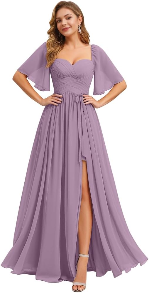 Women's Chiffon Bridesmaid Dresses for Wedding Flutter Sleeves Ruched A Line Long Formal Dress with Slit