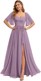 Women's Chiffon Bridesmaid Dresses for Wedding Flutter Sleeves Ruched A Line Long Formal Dress with Slit