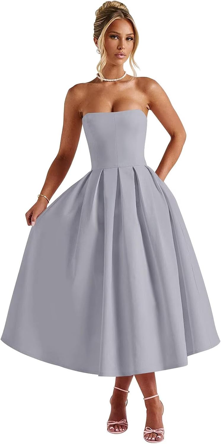 Strapless Satin Tea Length Prom Dresses for Women 2027 A-Line Corset Backless Cocktail Bridesmaid Dress with Pocket