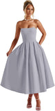 Strapless Satin Tea Length Prom Dresses for Women 2027 A-Line Corset Backless Cocktail Bridesmaid Dress with Pocket