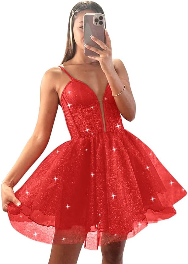 Glitter Tulle Homecoming Dresses for Teens Spaghetti V Neck Short Prom Dresses A Line Mini Cocktail Party Gowns