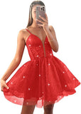 Glitter Tulle Homecoming Dresses for Teens Spaghetti V Neck Short Prom Dresses A Line Mini Cocktail Party Gowns