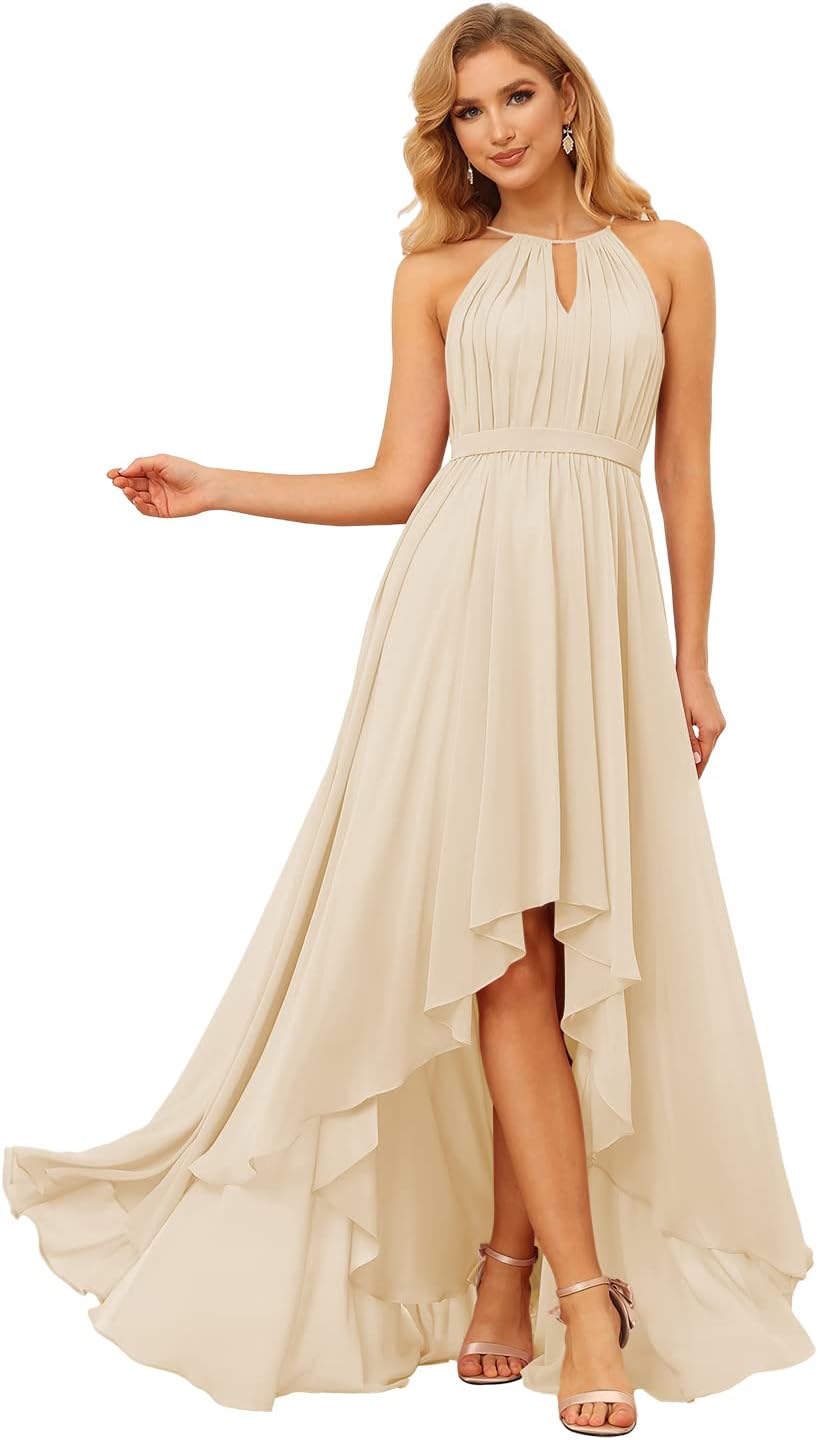 Damen Neckholder Brautjungfernkleider Lang mit Taschen High-Low Falten Formelles Kleid für Hochzeit 